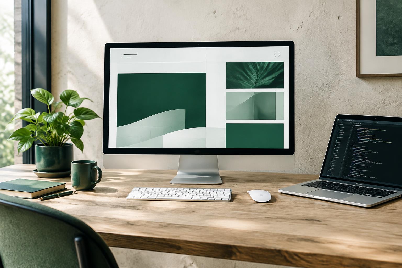 A creative web design studio with a desktop monitor and laptop